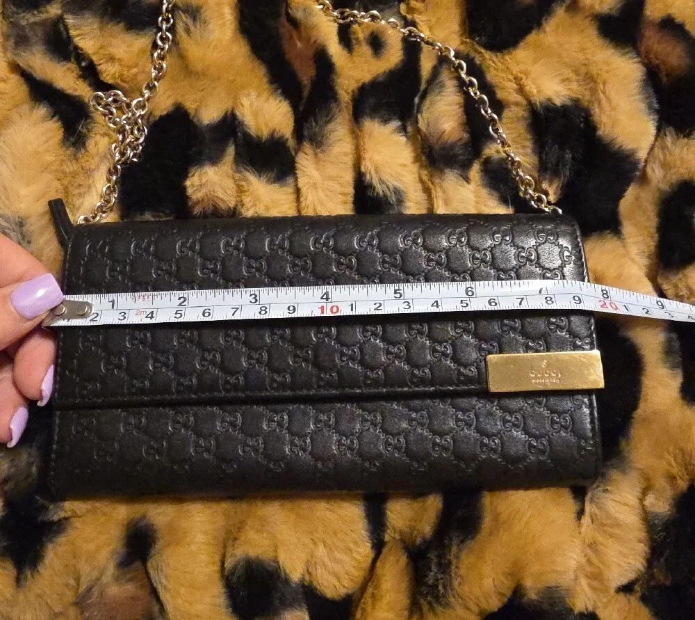 Gucci Black Embossed Leather Chain Wallet with Gold Plaque